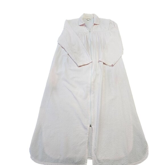 Vintage Barbizon Long Embroidered Nightgown Pajamas Pink White Seersucker Size S - Picture 6 of 16